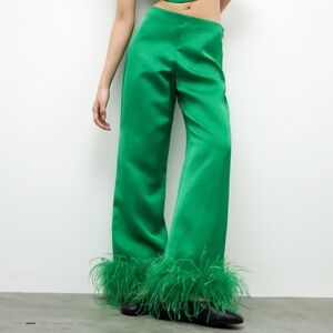 Green linen viscose pants with feathers